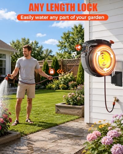 100FT Retractable Garden Hose Reel 1/2 Inch, Wall Mounted Heavy Duty Water Hose with Auto-Lock & 9-Pattern Nozzle, 180° Swivel, Slow Return System — UV Resistant Outdoor Storage - Image 7