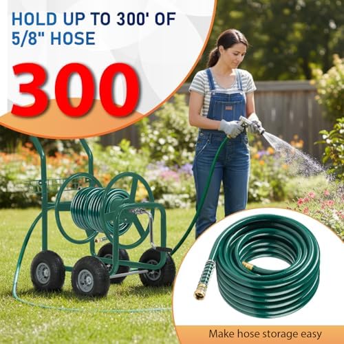 FDW Garden Hose Reel Cart, Water Hose Cart with 4 Wheels, Hold Up to 300 ft of 5/8’’ Hose，Heavy Duty Powder-Coated Steel Planting with Storage Basket, for Garden, Yard and Lawn - Image 5