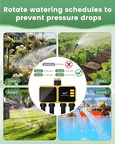 4 Zone Solar WiFi Sprinkler Timer, Smart Water Timer for Garden Hose 4 Outlets with Rain Delay/Automatic/Manual Watering System for Lawn Yard, APP Remote Voice Control Via 2.4Ghz WiFi No Need Hub - Image 2