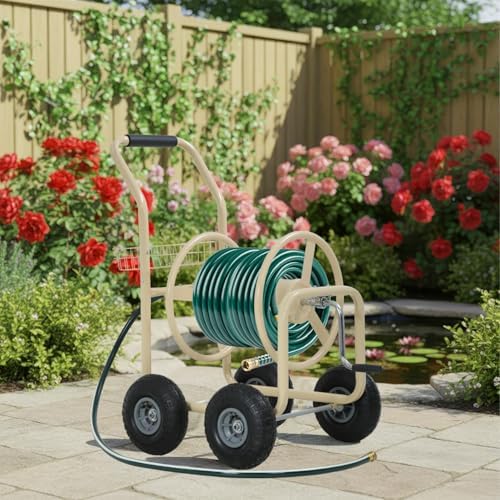 FDW Garden Hose Reel Cart, Water Hose Cart with 4 Wheels, Hold Up to 300 ft of 5/8’’ Hose，Heavy Duty Powder-Coated Steel Planting with Storage Basket, for Garden, Yard and Lawn - Image 2