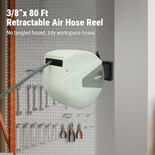 Retractable Air Hose Reel, 3/8" x 80FT Hubrid Air Hose, 300PSI Max, Auto-Rewind & Length-Lock, Ceiling/Wall Mount Enclosed PP Reel with 180° Swivel Bracket for Workshop/Garage - Image 2