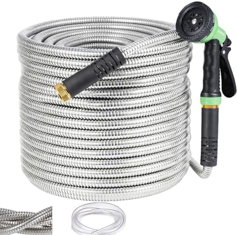 Heavy Duty Stainless Steel Garden Hose – Flexible, Kink-Free, Rust-Proof, Lightweight Metal Water Hose with 10-Function Nozzle, Durable for Yard, Garden, Car Wash, RV, Pet Bathing – 50FT, US by Unknown