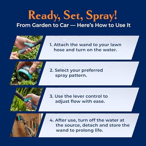 9-Pattern 36-inch Watering Wand 600004, 270° Pivot Head, Heavy-Duty Hose End Sprayer w/Lever Control for Fruit Trees, Yard Work, & Car Cleaning, Fits Outdoor Garden Hoses, by New England Garden Tools - Image 6