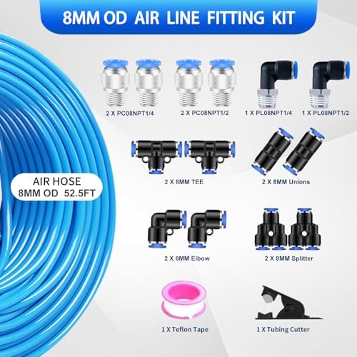 8mm Air line kit,8mm OD x 32.8 Feet Blue Hose Tubing Fittings,15pcs Compressed Accessory Kit Push to Connect Fittings - Image 2