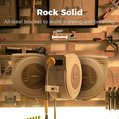 GLAHODEN Enclosed Retractable Air Hose Reel, 3/8 in x 50 Ft Hybrid Hose Air Compressor Hose Reel with 5 Ft Lead in Max 300 PSI Patented Design for Any Length Lock 180°Swivel Bracket Quick Coupler - Image 5