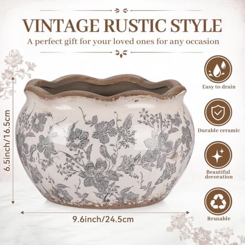 Geetery Ceramic Planter Pot 9.6 Inch Round Plant Pot, Floral, Grey, Medium - Image 2