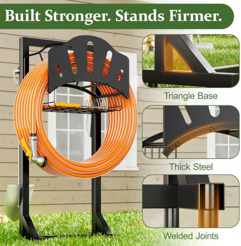 Heavy Duty Garden Hose Holder, Metal Water Hose Reel with Storage Basket & Hooks for Outside - Image 4