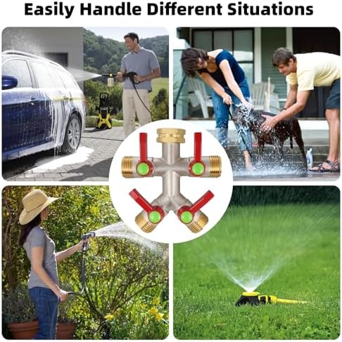 Hose Splitter 4 Way, High Flow Garden Hose Splitter, 3/4” Ght Inlet Brass Heavy Duty Hose Converter, Full Flow water 4 Way Faucet hose splitter, Long Handle Hose Valve Large Outlet. - Image 3