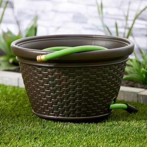 Suncast 2 Pack Decorative Wicker Garden Hose Holder Pot with 4 Drain Holes for 100 Foot Hoses, Java - Image 5