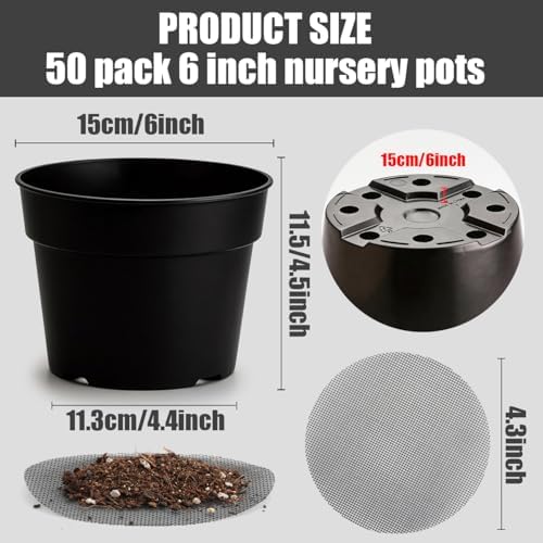 RooTrimmer 50 Pack 6 Inch Nursery Pots, Plastic Flower Pots, Thick Plant Pots with Drainage Hole for Planting Outdoor/Indoor Plants Succulent Herb (Black) - Image 2