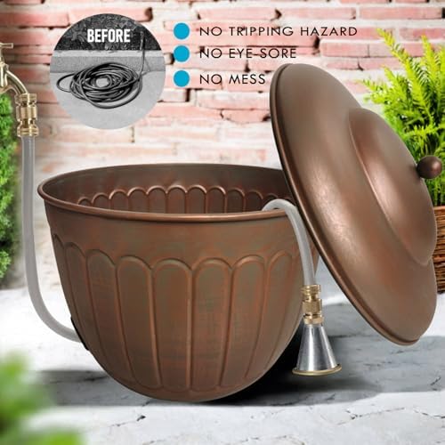 BSTGIFTS Garden Water Hose Holder - Decorative Metal Pot, Metal Hose Storage Pot, Garden Storage Organizer, Patio Portable Bucket - Antique Copper Accents, Holds up to 100ft Hoses (Embossed) - Image 4