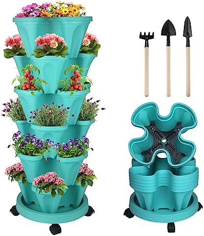 DUNCHATY Stackable Planter, Vertical Garden Planter with Wheels and Tools, Self Watering Strawberry Planter Indoor/Outdoor 3 Tier Herb Planter Pots for Growing Vegetables and Succulents, Teal by DUNCHATY
