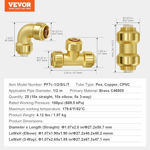 VEVOR Brass Pipe Fittings Push-Fit,Combination,1/2" 25PCS - Image 7