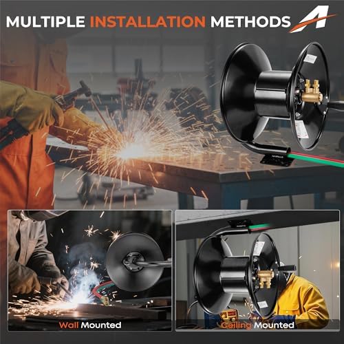 Manual Twin Welding Hose Reel Holds 100 ft of 3/8" or 1/4" Gas Hose,Universal Mounting Bracket for Wall, Ceiling or Cart (Hose Not Included) - Image 6