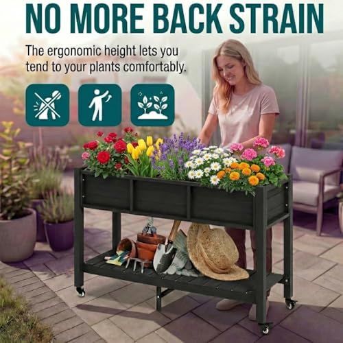 YITAHOME Raised Garden Bed HDPE, 47x18x31In Raised Flower Bed Poly-Wood Weather-Resistant Elevated Planter Box with Lockable Wheels & Storage Shelf for Vegetable Flower, Black - Image 7