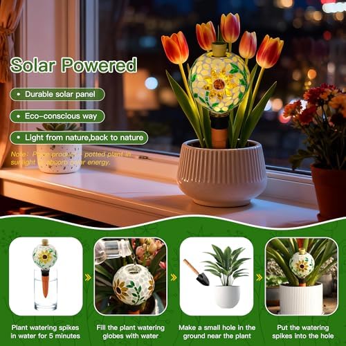 VOREEN Mosaic Plant Watering Globe with Terracotta Spike,Self-Watering Irrigation for Potted Plants,Sunflower-Inspired Mosaic with Solar Accent Light, Indoor & Outdoor Décor, 17oz - Image 6