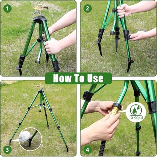 Heavy-Duty Brass Impact Sprinkler with Adjustable Tripod Base, 360 Degree Rotation, Green, 16-37 Inch Height, 0-43 Feet Coverage for Lawn and Garden Irrigation - Image 6