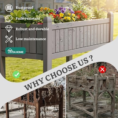 YITAHOME 3.6x1.5x2.8 FT Elevated Garden Bed Kit with Legs and Wheels, Outdoor Large Resin Planter Box Stand with Drain Plug and Storage Shelf for Plants Vegetables Fruits, Light Brown - Image 3