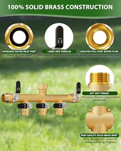 Garden Hose Splitter, 5 Way Heavy Duty Brass hose splitter, Water Hose Bib Spigot Splitter with 0.59" Full Flow Ball Valve Outlet & Shut-Off Valve 3/4'' Connector Outdoor Water Faucet Adapter - Image 4