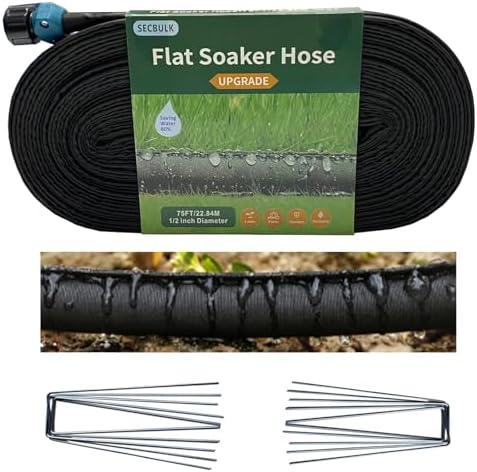 Secbulk 2026 Flat Soaker Hose 75 ft with Stakes for Garden, 75ft Linkable Drip Hose Diy Garden Irrigation System Saving 80% Water, Dual-layer Leak-free Design Water Hose with Holes by Secbulk