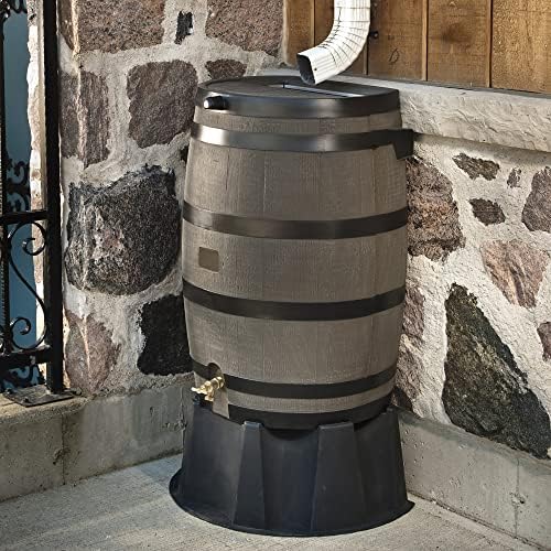 RTS Home Accents 551000655A5681, Woodgrain with Black Stripes Polyethylene 50 Gallon Flat Back Rain Barrel with Stand, Color & Oatey Mystic™ Rainwater Collection System - Image 3