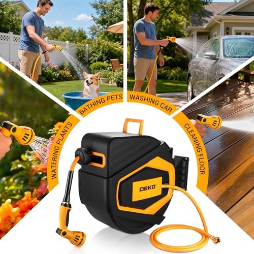 Retractable Garden Hose Reel:100 ft x 1/2 inch, Garden Hose Reel with 9-Pattern Nozzle, 180°Swivel Bracket Wall-Mounted, Automatic Rewind, Lock at Any Length, with Slow Return System - Image 5