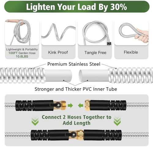 Metal Garden Hose 100 ft Stainless Steel Water Hose Heavy Duty Flexible Lightweight Durable Long No Kink Hoses Pipe with 10 Function Nozzle Strong 3/4’’ Solid Brass Fitting for Outdoor Yard - Image 3