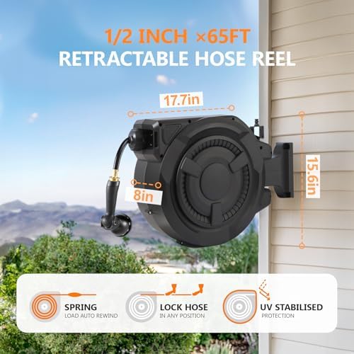 wikiwiki Retractable Garden Hose Reel, 1/2" x 65FT, Auto Rewind Wall Mount - Image 3