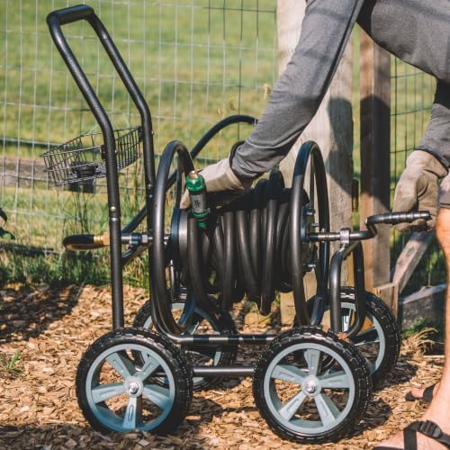 Backyard Expressions 4‑Wheel Garden Hose Reel Cart with Storage Basket, Hand‑Crank Rewind, Rust‑Resistant Hammertone Gray Finish, Brass Connectors - Image 4