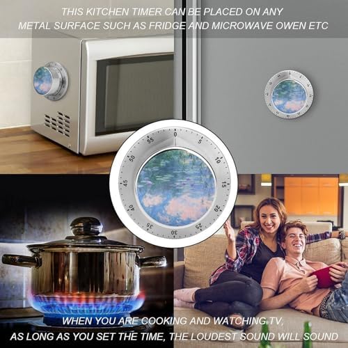 Stainless Steel Water Lily Pond in The Morning Printed Mechanical Timer - No Battery Required, Magnetic Loud Alarm Clock, Suitable for Travel and Office, Gym - Image 4