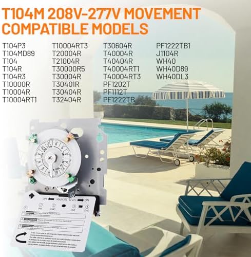 2026 Upgraded T104M Pool Timer Mechanism Only, 208-277V 40A DPST, 24-Hour Heavy-Duty Timer Switch for Pool Pumps/Lights/Water Heater/HVAC,High-Contrast White Dial, 4 Pairs of Trippers Included - Image 6