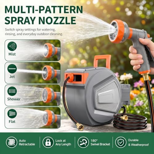 Retractable Garden Hose Reel, 65FT Wall Mounted Auto Rewind Water Hose Reel with 180° Swivel Bracket, Any Length Lock, Kink-Free Hose Guide, Multi-Pattern Spray Nozzle for Yard, Lawn & Outdoor - Image 5