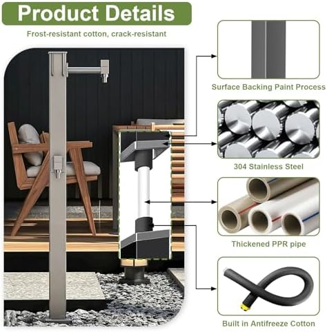 Outdoor Vertical Garden Water Column, Freestanding Hose Stand with Faucet, 304 Stainless Steel Outside Standing Water Tap Yard Hydrant for Irrigation Washing, Grey - Image 3