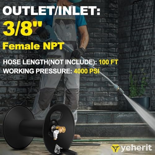 High Pressure Washer Hose Reel 100ft 3/8" NPT, 4000 PSI Heavy Duty Steel Power Washer Hose Reel with Swivel Arm, Mounting Bracket & M22 14mm Fitting, Wall/Machine/Van/Trailer Mount Compatible - Image 4