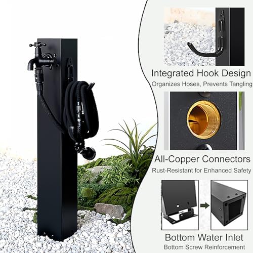 Outdoor Stainless Steel Garden Water Column - Freestanding Hose Stand with Double Outlet Faucet, Decorative Yard Hydrant Fountain for Patio & Backyard (27.5 x 4.7 in) - Image 5