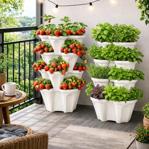 Vertical Garden Planter 4 Tier Stackable System 16 Plants, Space Saving Herb, Strawberry & Food Crop Planter with Center Support Hole for Indoor Outdoor Gardening (4, Stone, Large) - Image 5