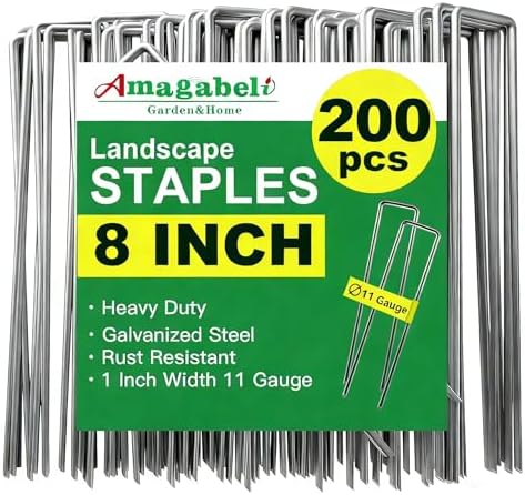 AMAGABELI GARDEN & HOME 200 Pack Galvanized Landscape Staples 8 Inch 11 Gauge Garden Staples Garden Stakes Plant Cover Stakes U-Shaped Landscape Stakes Landscape Pins for Weed Barrier Fabric by AMAGABELI+GARDEN+%26+HOME