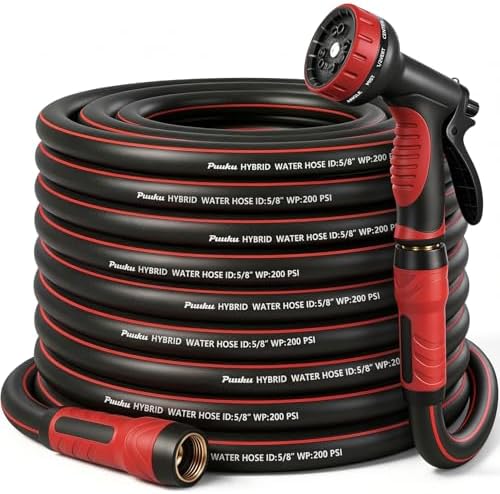 Garden Hose 50ft x 5/8", NON-EXPANDABLE Heavy Duty Hose with Nozzle by PUUKU