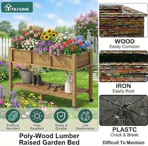 YITAHOME Raised Garden Bed HDPE, 47x18x31In Raised Flower Bed Poly-Wood Weather-Resistant Elevated Planter Box with Lockable Wheels & Storage Shelf for Vegetable Flower, Brown - Image 3