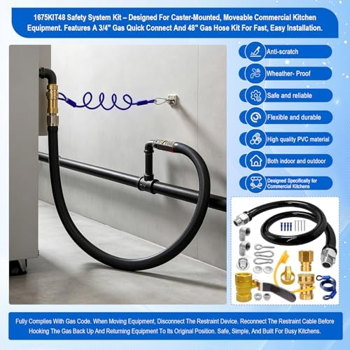 1675KIT48 Commercial Gas Hose Connector Kit, 48" Mobile Gas Line kit with 3/4" Quick Disconnect, Full Port Gas Valve & Flex Hose, Quick Connect Safety System for Commercial Kitchen Equipment - Image 5