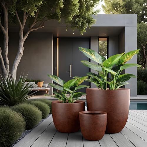 Kante Set of 3 Rusty Concrete Bowl Planters 18" 14" 10" Dia - Image 5