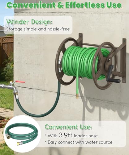 Garden Hose Reel Wall Mounted, Heavy-Duty Water Hose Holder Winder with 3.9 ft Leader Hose & Brass Fitting, Hose Hanger Storage Rack Holds 125-Feet of, 5/8-Inch, for Yard Lawn Farm, Brown - Image 4