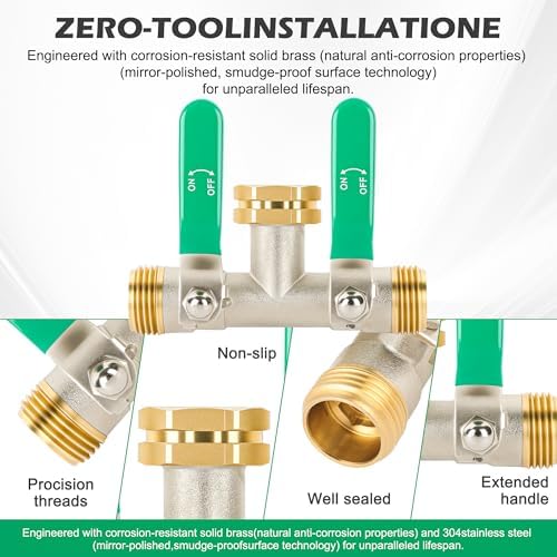 Love Is War 2 Way Garden Hose Splitter, 3/4" GHT Thread Brass Faucet Splitter with Long Easy-Turn Handles, Outdoor Water Connector for Lawn Irrigation - Image 2