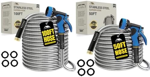 Lefree 100ft 50ft Metal Garden Hose - Heavy Duty 304 Stainless Steel Flexible Water Hose, No Kinks & Leak-Proof with Upgraded Handle, 10-Function Spray Nozzle & 4 Spare Gaskets for Yard, RV, Pet Bath by Lefree