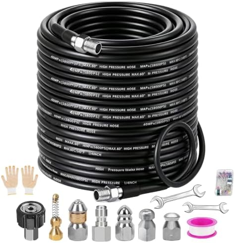 Sewer Jetter Kit for Pressure Washer 150FT, 5800PSI Drain Cleaner Hose 1/4 Inch NPT Corner Rotating and Button Nose Sewer Jetting Nozzle Pearl Corsage Pin Waterproof Tape with Spanner (150FT) by Laopypor