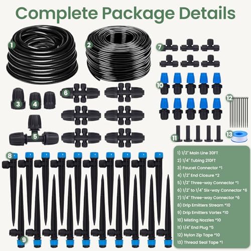 240FT Drip Irrigation System Kits, Quick-Connect Garden Watering System for Raised Bed, Potted Plants, Lawn, Greenhouse with 1/2 inch Hose 1/4 inch Tubing and Accessories - Image 3