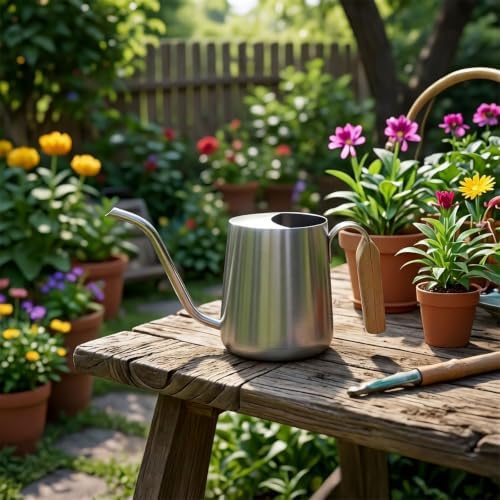 Plant Watering Can, Metal Small Indoor Watering Can with Long Spout & Real Wood Handle for House-Plants, Succulents, Cacti & Seedlings, Small Bonsai Outdoor Garden Modern Decorative - Image 5