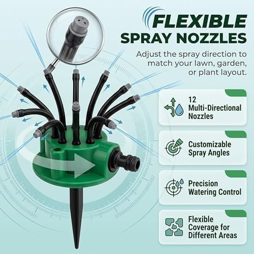 360° Coverage Precision Garden Irrigation Sprinkler Adjustable Garden Watering System with Flexible Spray Arms Rotating Yard Irrigation Tool Auto Roof Cooling Coverage System for Grass Roof(3pcs) - Image 5