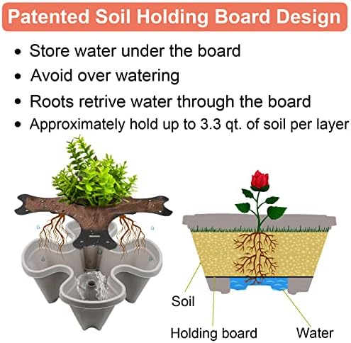 DUNCHATY Stackable Planter, Vertical Garden Planter with Wheels and Tools, Self Watering Strawberry Planter Indoor/Outdoor 3 Tier Herb Planter Pots for Growing Vegetables and Succulents,Gray - Image 3