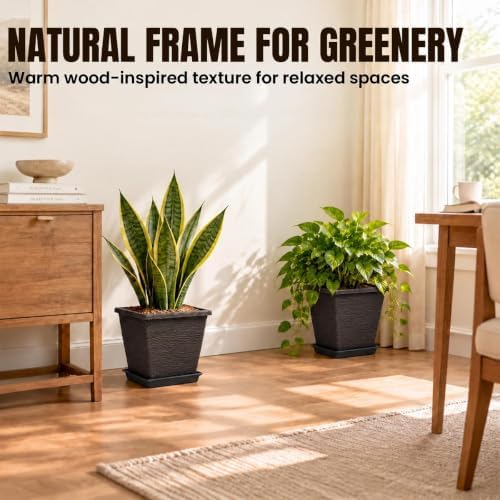 Usocik 10 Inch Square Planter Pots with Saucers, Coffee Brown, 2 Pack - Image 2